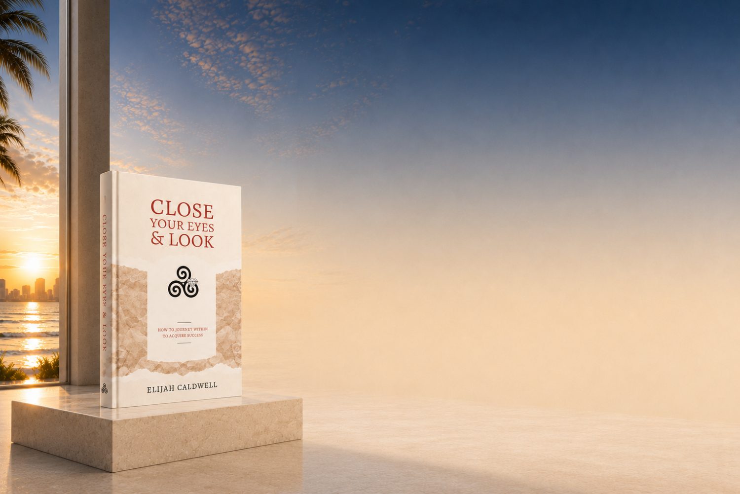 Close Your Eyes & Look, by Elijah Caldwell, on a marble plinth at sunset