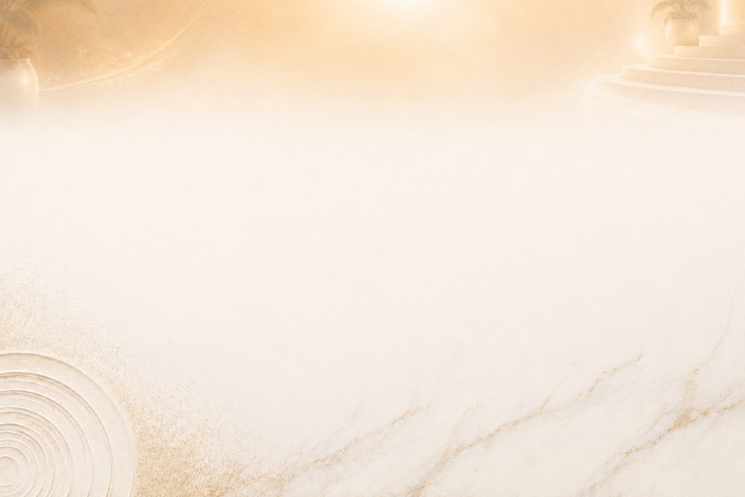 Sunlit sanctuary opening onto cream marble with a sand zen circle