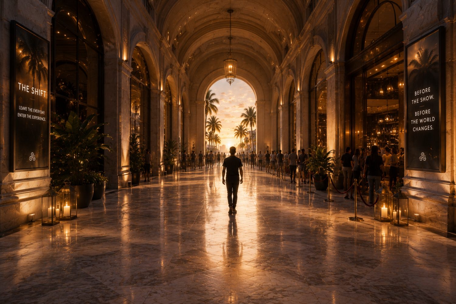 A figure walking through a grand marble arcade toward the light