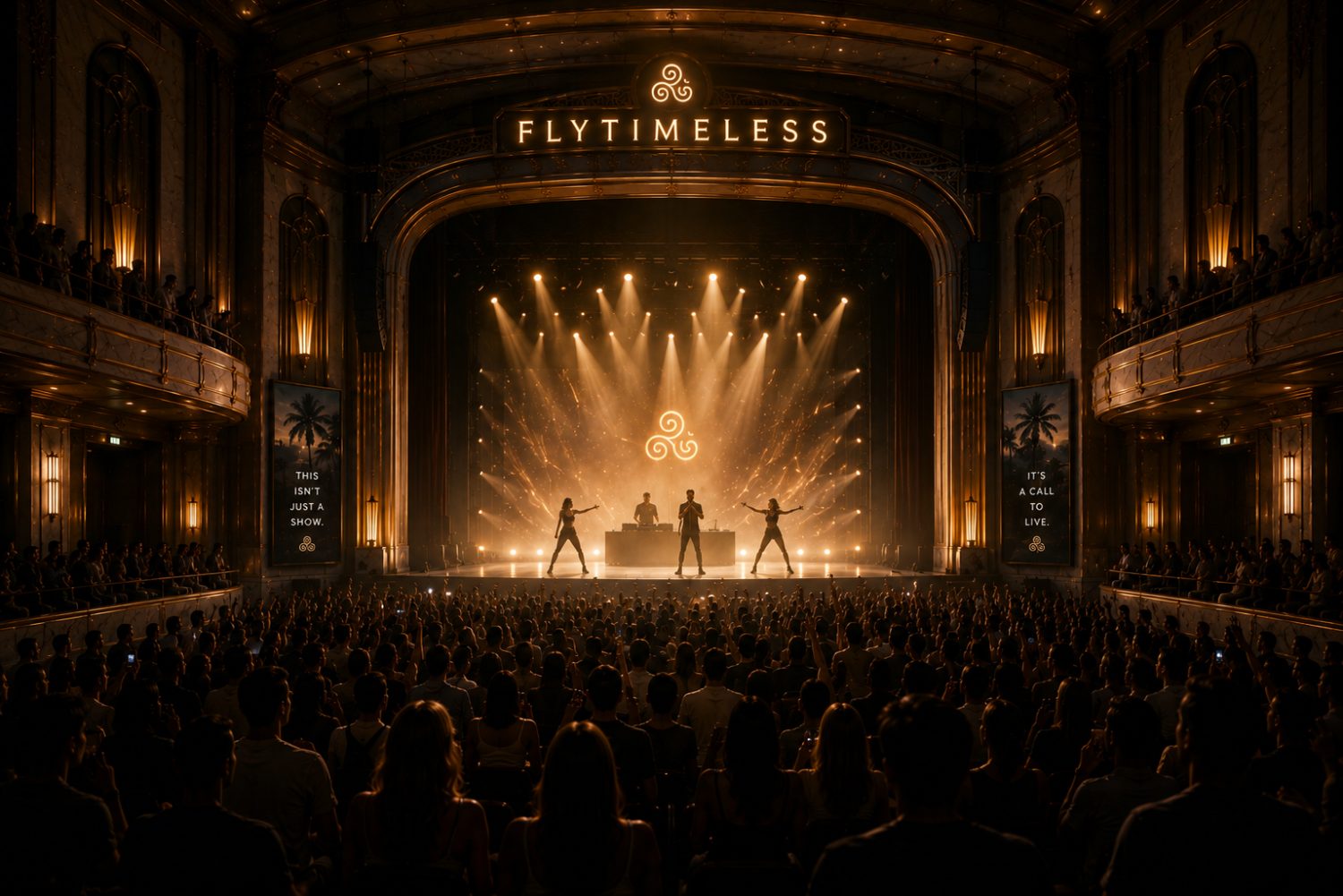 Flytimeless live on a golden stage before a full theater