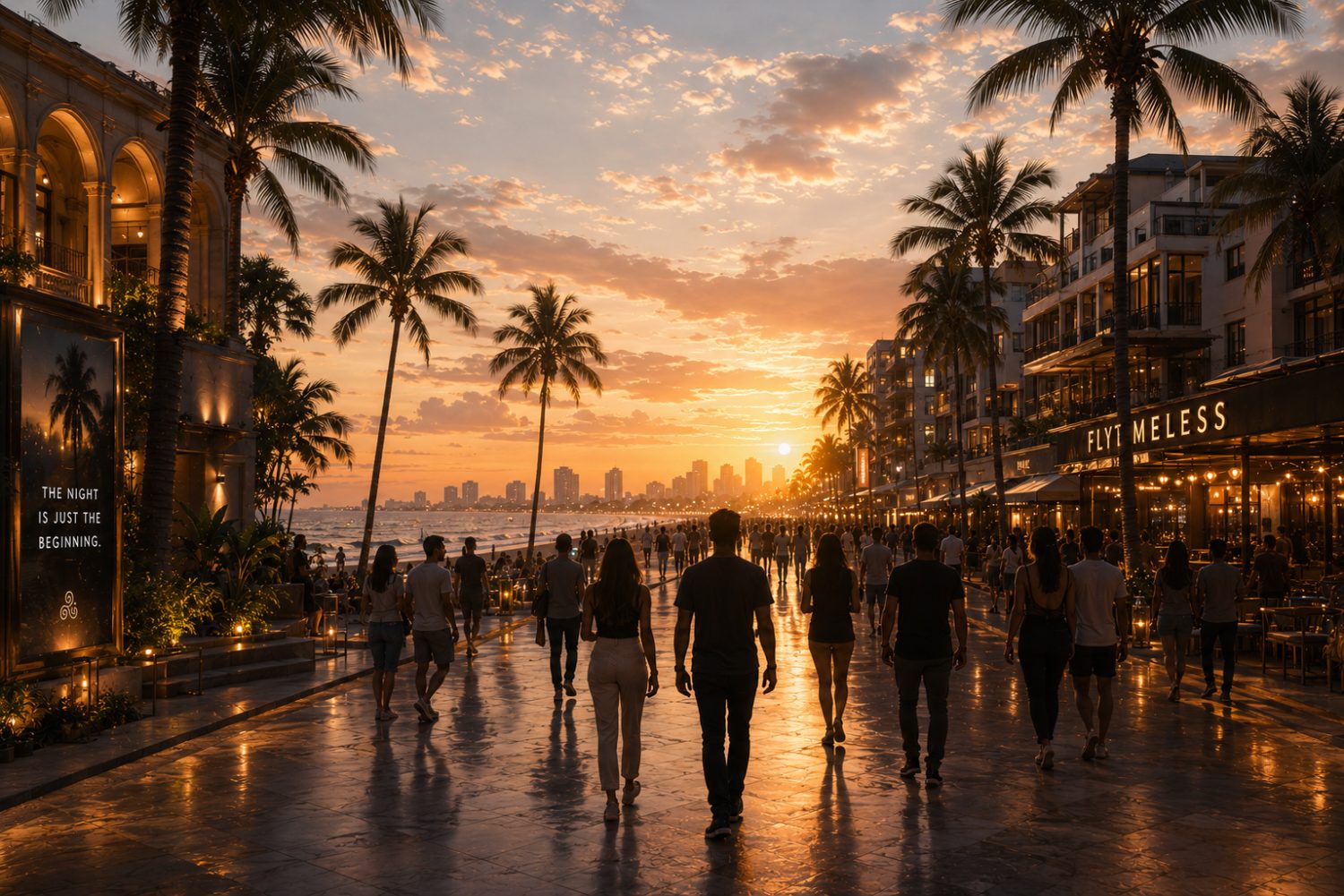 Crowd walking the boulevard into a golden sunset