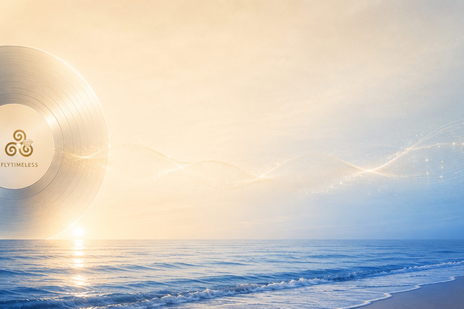 A platinum Flytimeless record rising over the ocean at sunrise