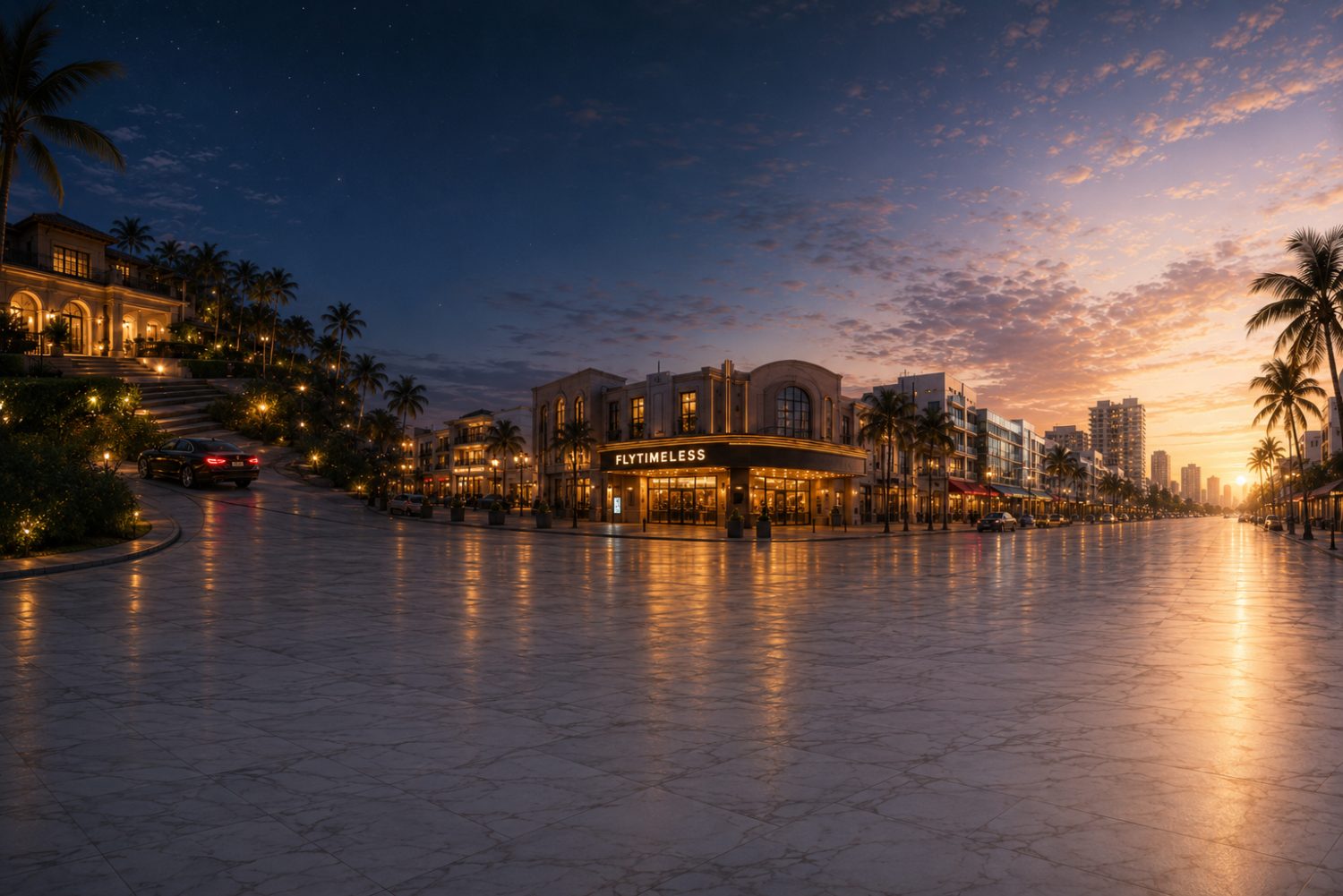 Flytimeless theater on a marble boulevard at dusk