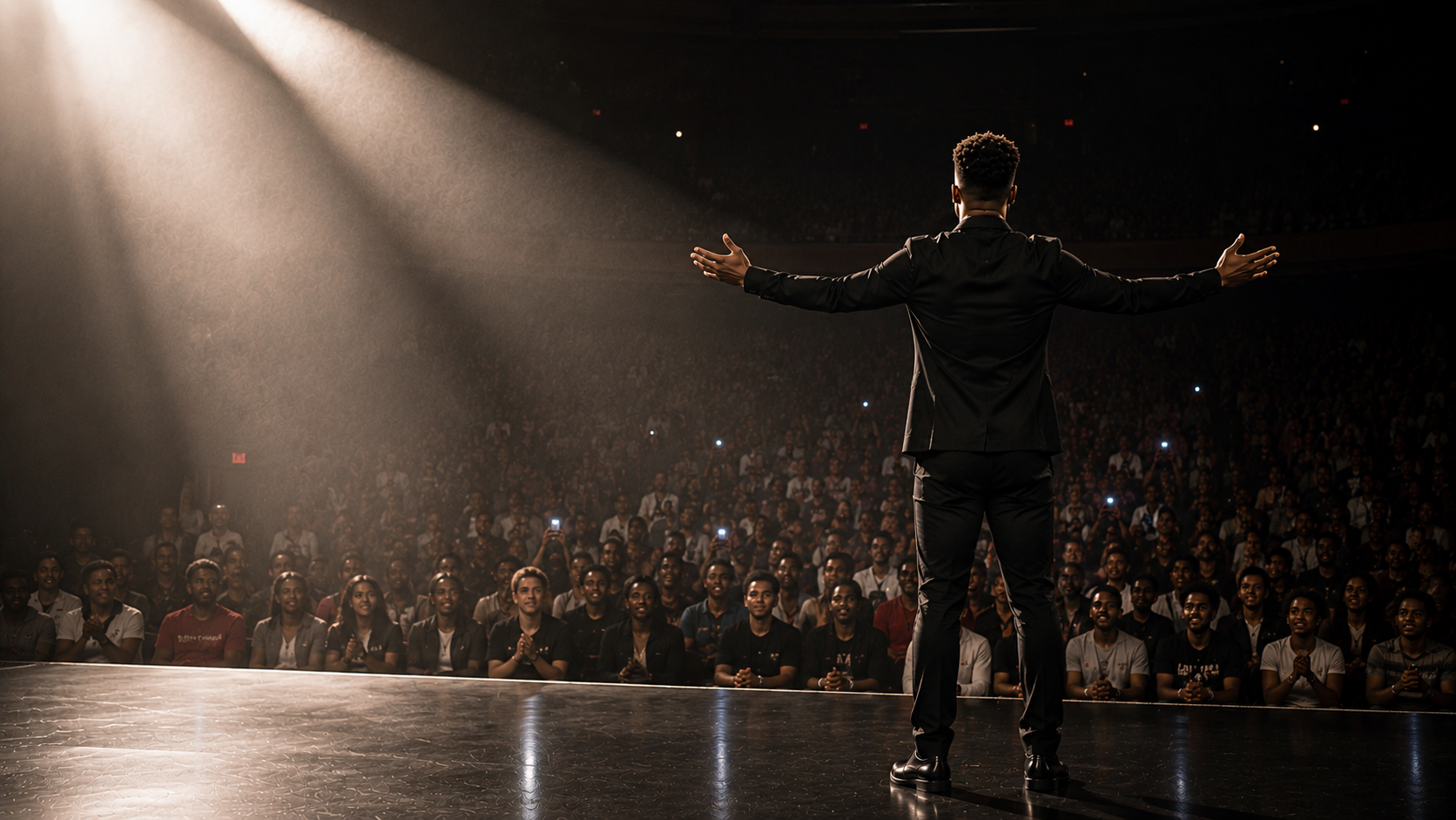 Concert photo — artist facing crowd, arms raised